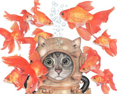 Deep Sea Diver Cat, Goldfish Print, made from my Original Pencil Art, 8x10 horizontal print, Cat lover Art, Cute Cat Print, Scuba Diver Art - image2